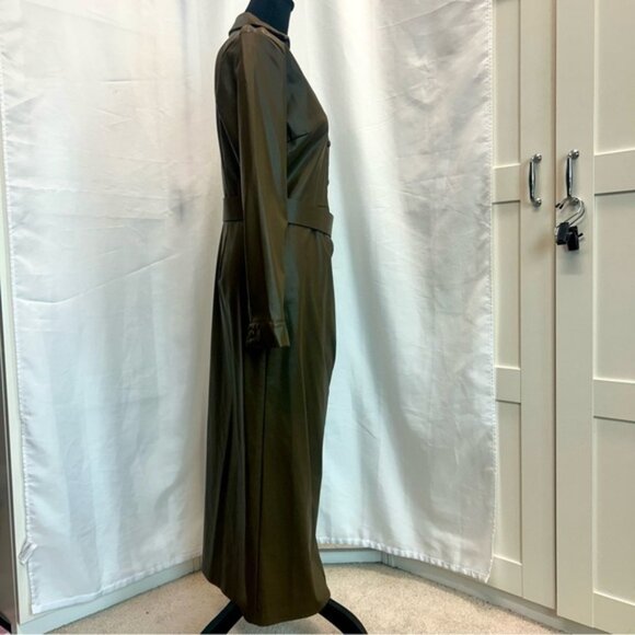 Zara khaki faux leather V-neck belted midi dress lapel collar long sleeve L NWOT - Picture 11 of 16